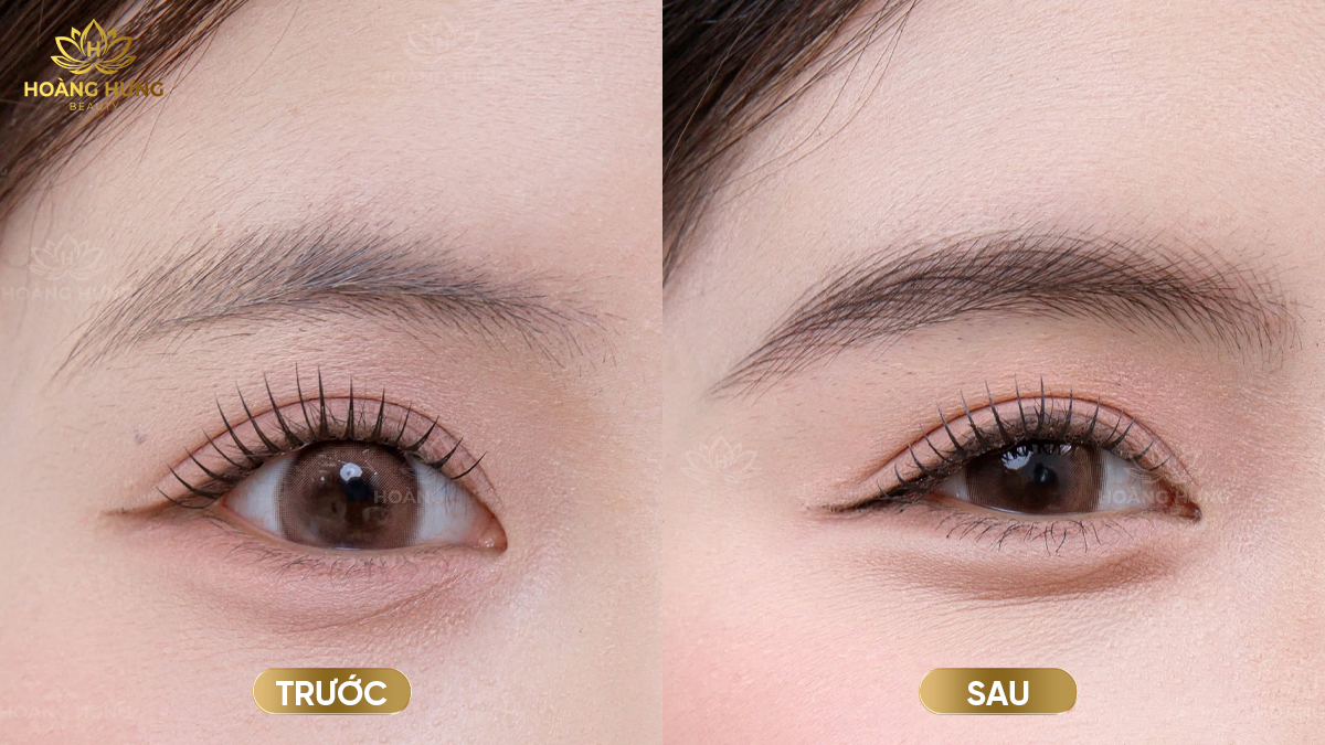 Cận cảnh chân mày trước và sau khi phun, thể hiện sự thay đổi của sắc độ theo từng giai đoạn.